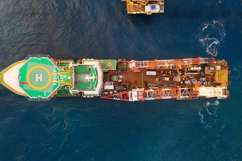 Aerial view of a large offshore construction vessel.