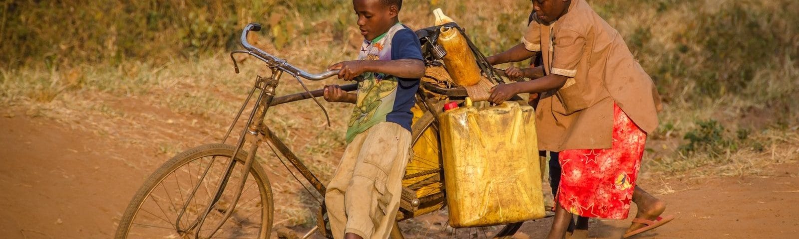 two kids using brown bike with cargo