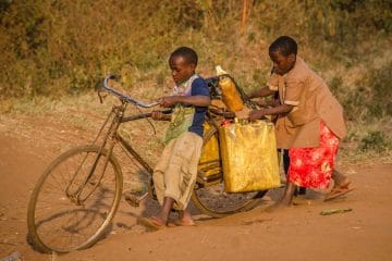 two kids using brown bike with cargo