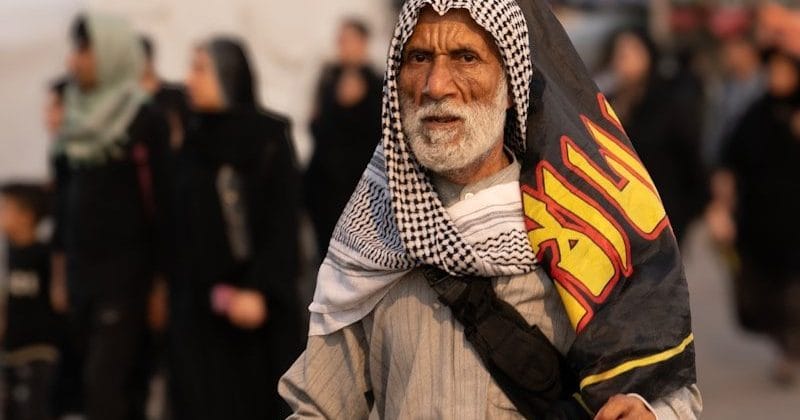 Elderly man with flag walking with a cane